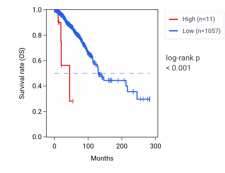 Kaplan&ndash;Meier survival curve for LINC02329 RNA expression in BRCA: high vs low expression groups.