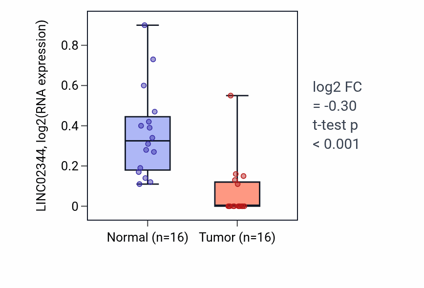 Tumor-vs-normal expression box plot for LINC02344 in THCA.