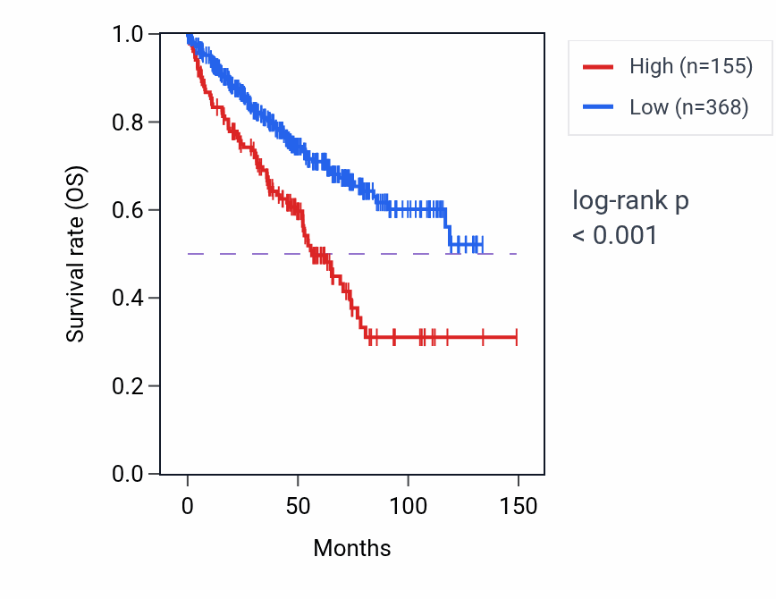 Kaplan&ndash;Meier survival curve for LINC02378 RNA expression in KIRC: high vs low expression groups.