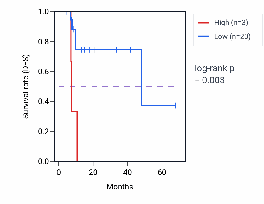 Kaplan&ndash;Meier survival curve for LINC02382 RNA expression in ESCA: high vs low expression groups.