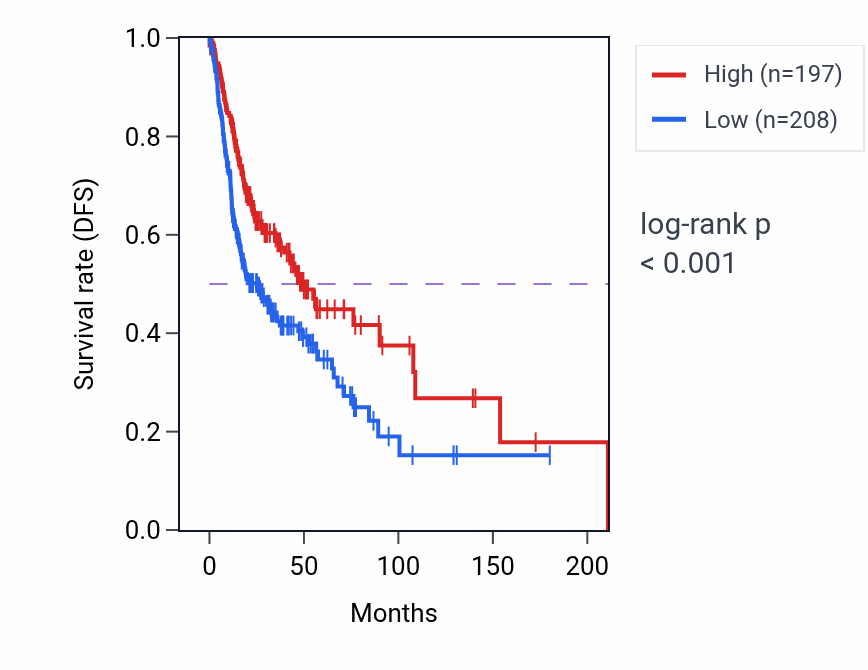 Kaplan&ndash;Meier survival curve for LINC02384 RNA-high vs -low samples in HNSC.