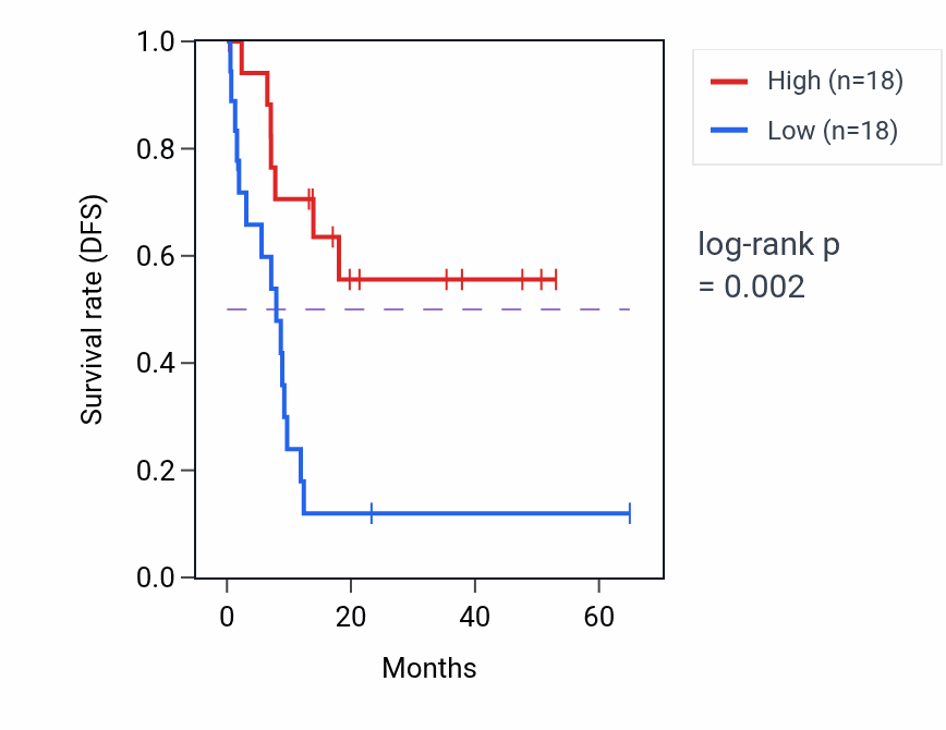Kaplan&ndash;Meier survival curve for LINC02391 RNA expression in CHOL: high vs low expression groups.