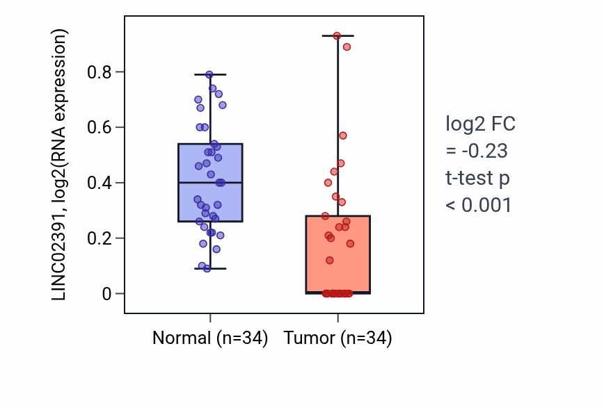 Tumor-vs-normal expression box plot for LINC02391 in COAD.
