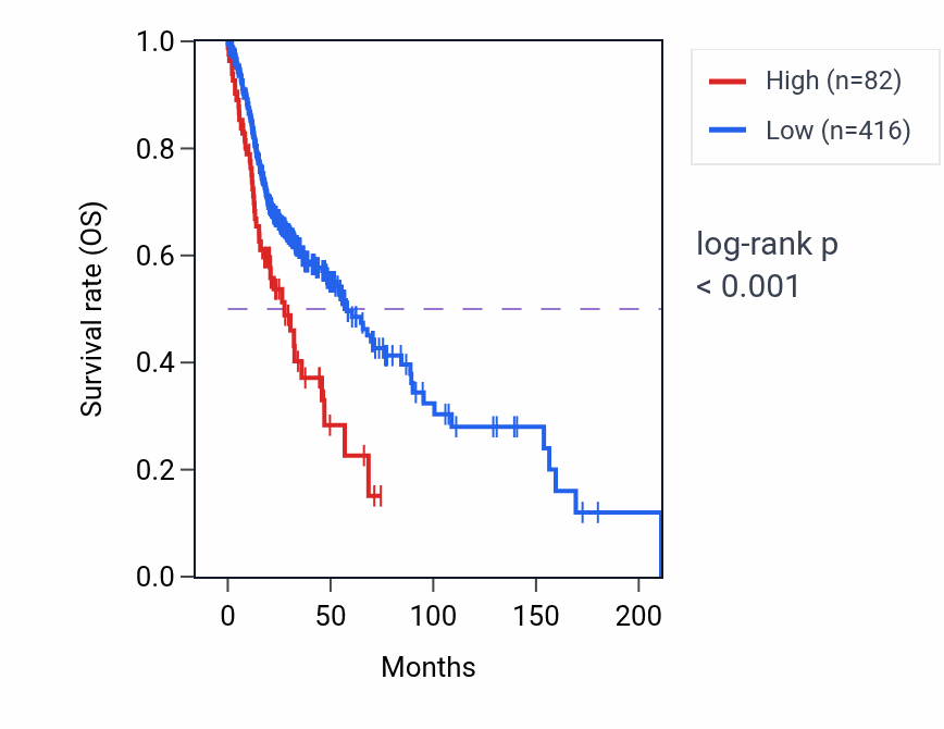 Kaplan&ndash;Meier survival curve for LINC02398 RNA expression in HNSC: high vs low expression groups.