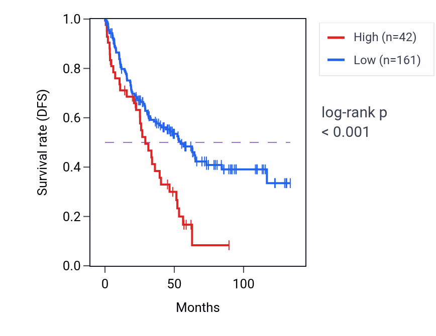 Kaplan&ndash;Meier survival curve for LINC02404 RNA expression in KIRC: high vs low expression groups.