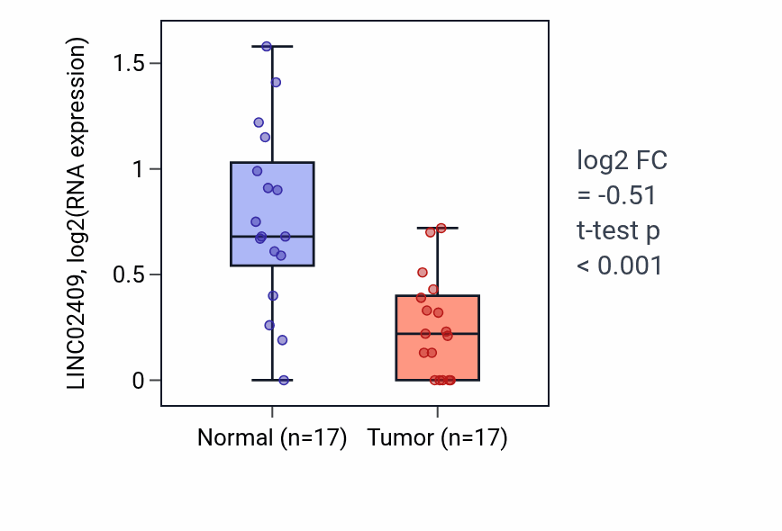 Tumor-vs-normal expression box plot for LINC02409 in THCA.