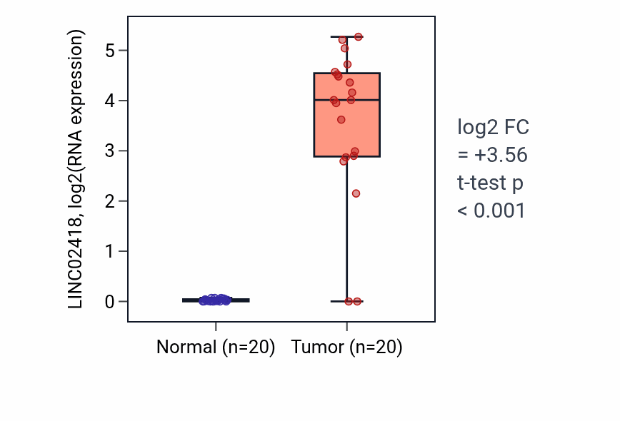 Tumor-vs-normal expression box plot for LINC02418 in COAD.