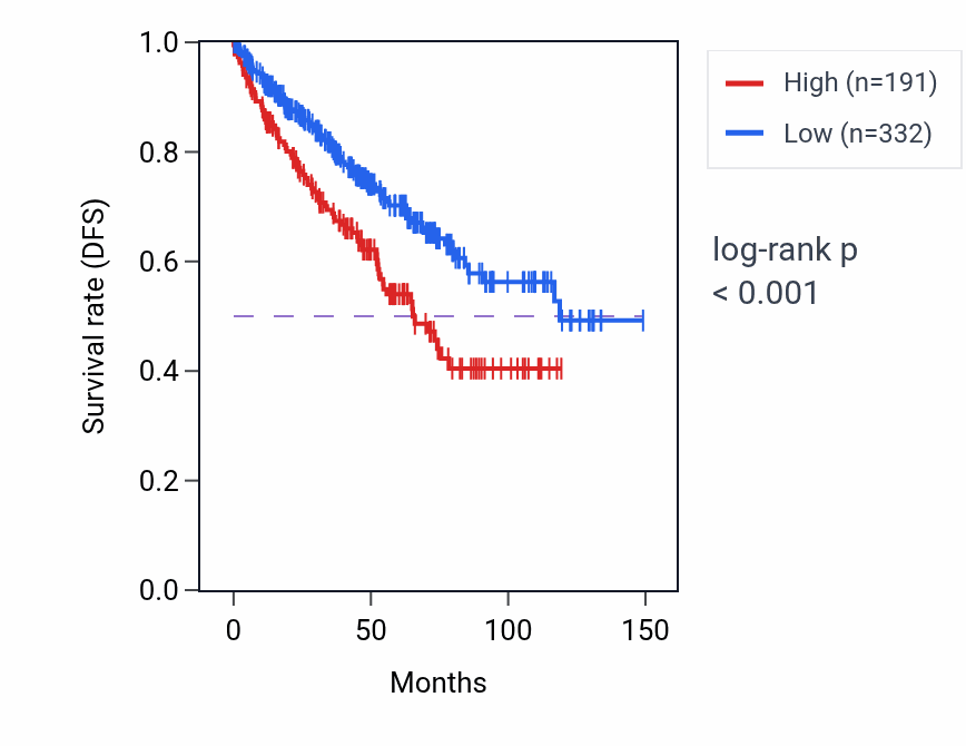 Kaplan&ndash;Meier survival curve for LINC02438 RNA expression in KIRC: high vs low expression groups.