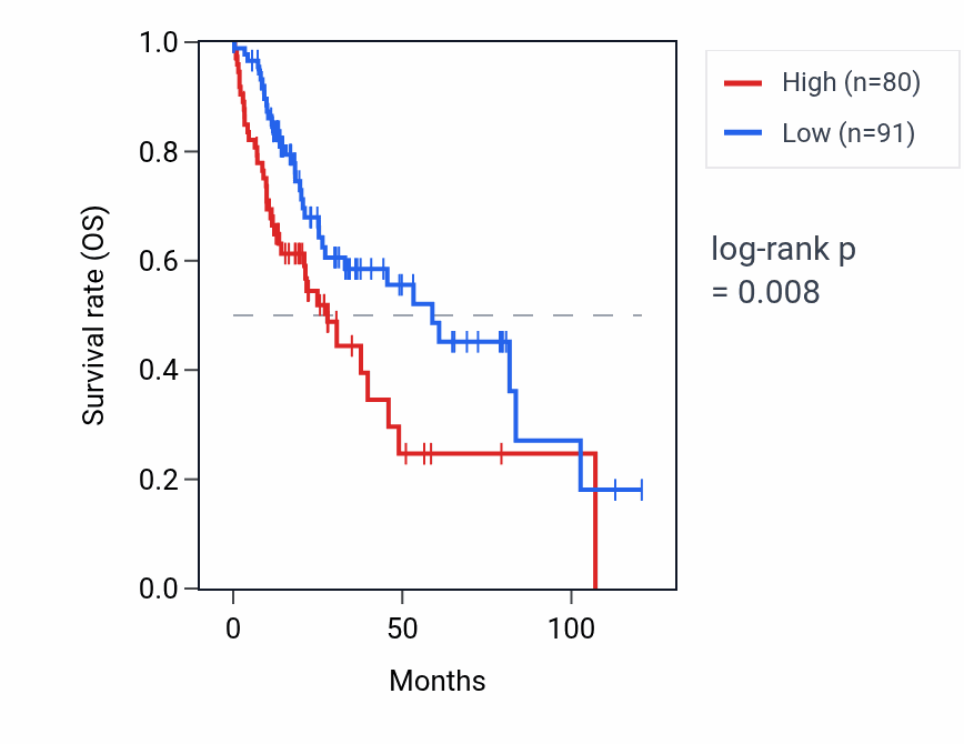 Kaplan&ndash;Meier survival curve for LINC02449 RNA expression in LIHC: high vs low expression groups.