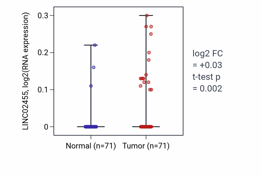 Tumor-vs-normal expression box plot for LINC02455 in KIRC.