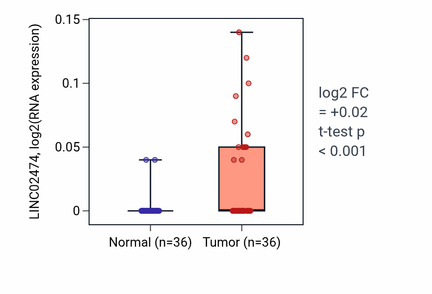 Tumor-vs-normal expression box plot for LINC02474 in KIRC.