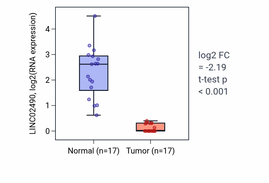 Tumor-vs-normal expression box plot for LINC02490 in COAD.
