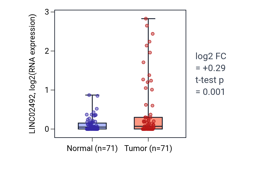 Tumor-vs-normal expression box plot for LINC02492 in KIRC.