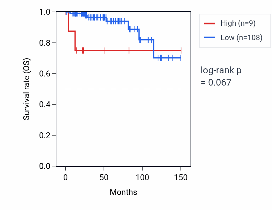 Kaplan&ndash;Meier survival curve for LINC02497 RNA expression in THYM: high vs low expression groups.