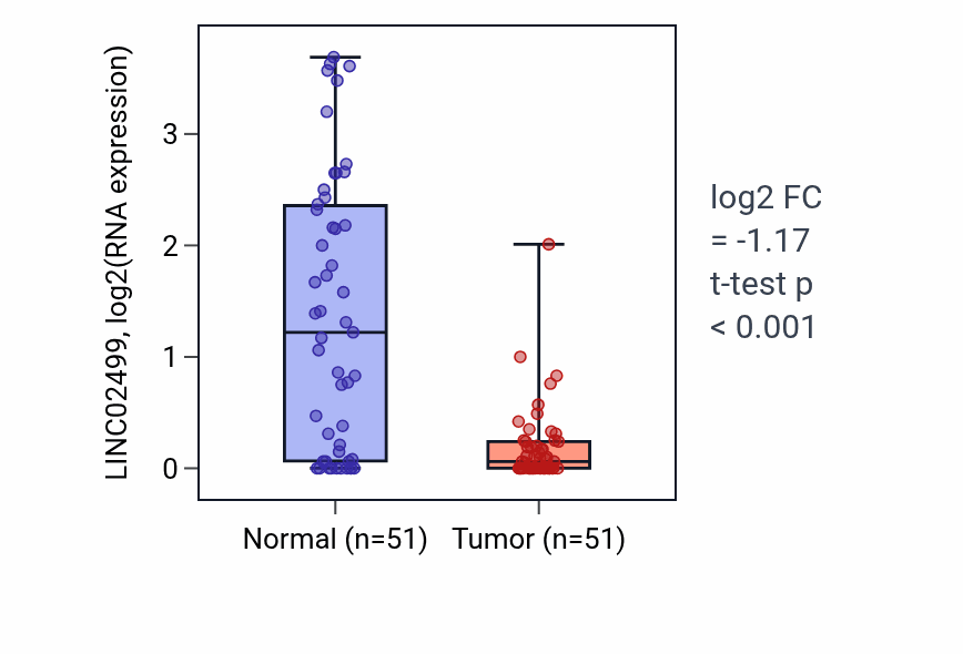 Tumor-vs-normal expression box plot for LINC02499 in KIRC.