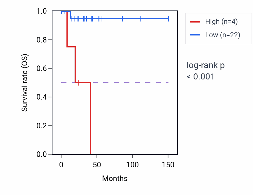 Kaplan&ndash;Meier survival curve for LINC02502 RNA expression in DLBC: high vs low expression groups.