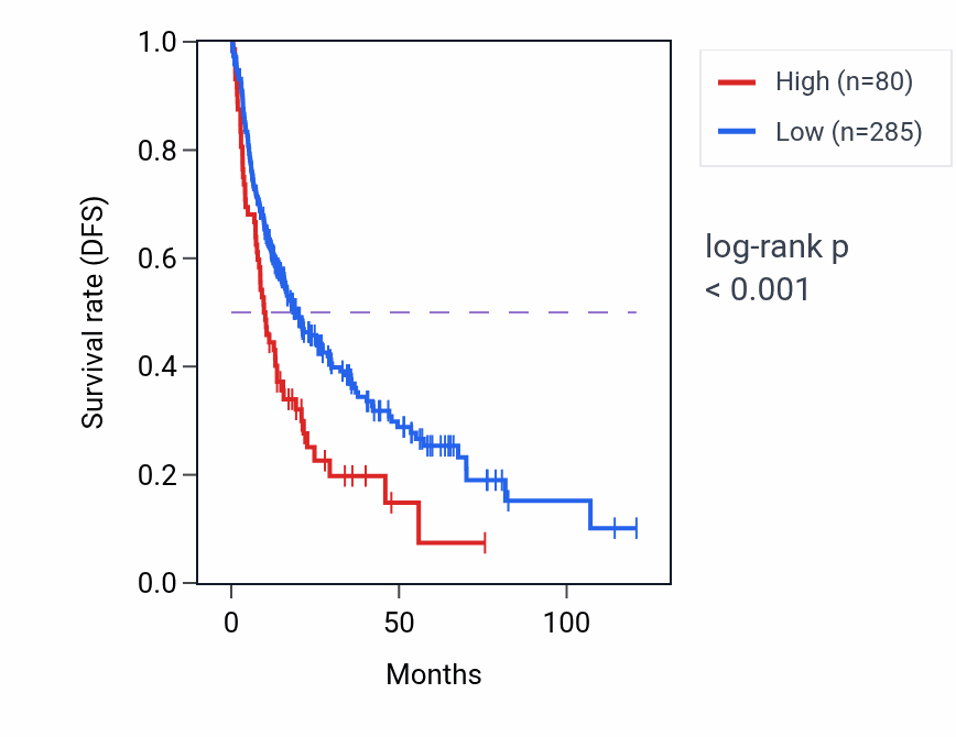 Kaplan&ndash;Meier survival curve for LINC02505 RNA expression in LIHC: high vs low expression groups.