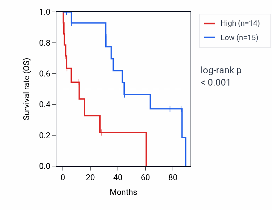 Kaplan&ndash;Meier survival curve for LINC02519 RNA expression in OV: high vs low expression groups.