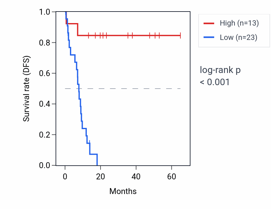 Kaplan&ndash;Meier survival curve for LINC02520 RNA expression in CHOL: high vs low expression groups.