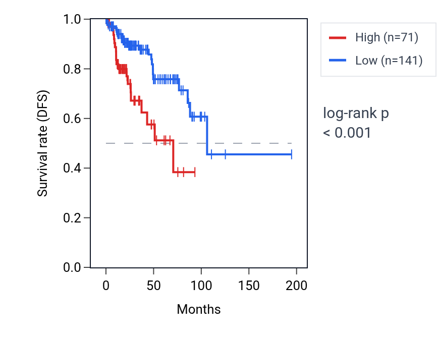 Kaplan&ndash;Meier survival curve for LINC02521 RNA expression in KIRP: high vs low expression groups.