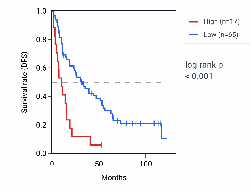 Kaplan&ndash;Meier survival curve for LINC02522 RNA expression in KIRC: high vs low expression groups.