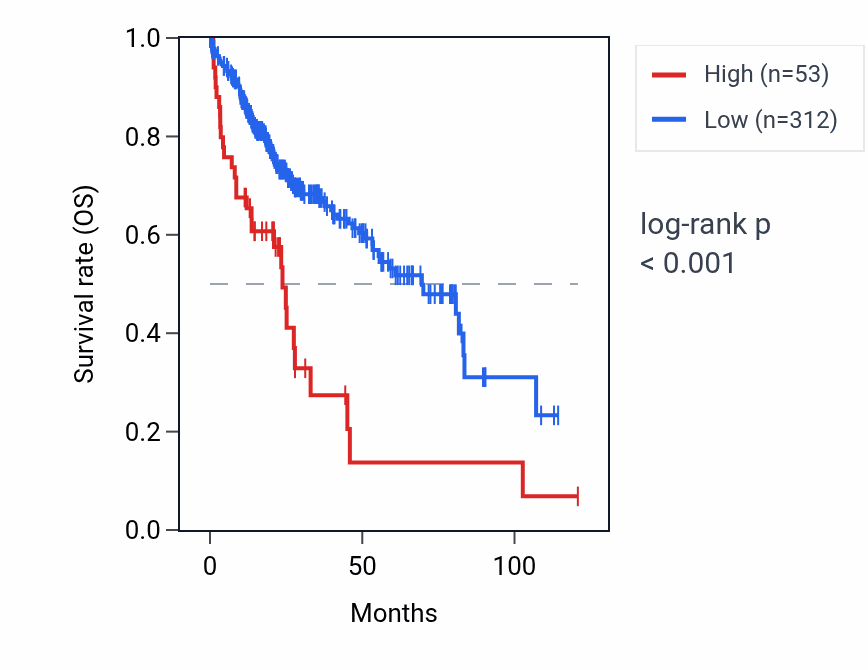 Kaplan&ndash;Meier survival curve for LINC02527 RNA expression in LIHC: high vs low expression groups.