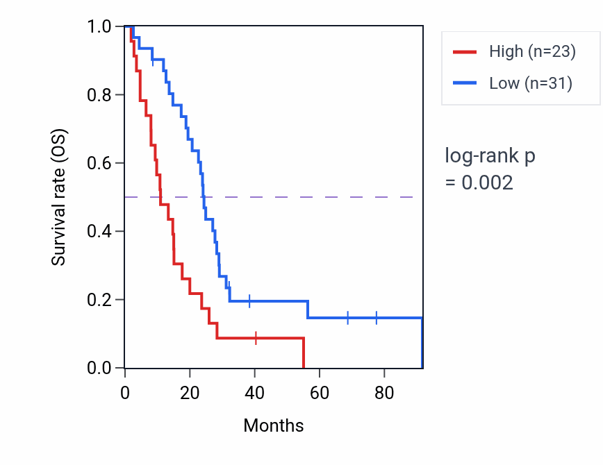 Kaplan&ndash;Meier survival curve for LINC02533 RNA expression in MESO: high vs low expression groups.