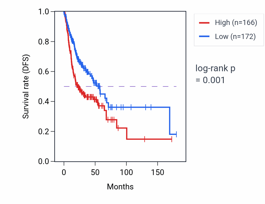 Kaplan&ndash;Meier survival curve for LINC02535 RNA expression in HNSC: high vs low expression groups.
