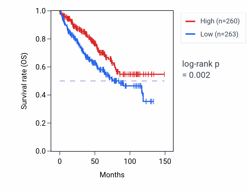 Kaplan&ndash;Meier survival curve for LINC02538 RNA expression in KIRC: high vs low expression groups.