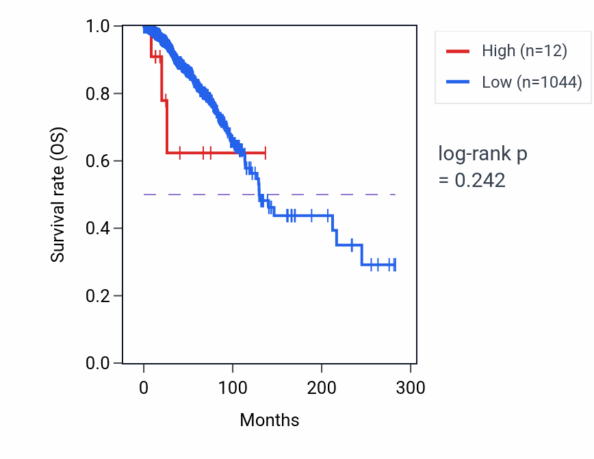 Kaplan&ndash;Meier survival curve for LINC02540 RNA expression in BRCA: high vs low expression groups.