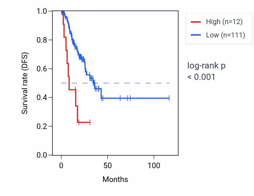 Kaplan&ndash;Meier survival curve for LINC02548 RNA expression in STAD: high vs low expression groups.