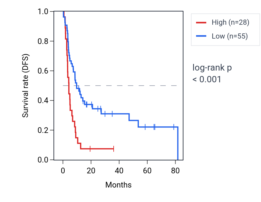 Kaplan&ndash;Meier survival curve for LINC02562 RNA expression in LIHC: high vs low expression groups.