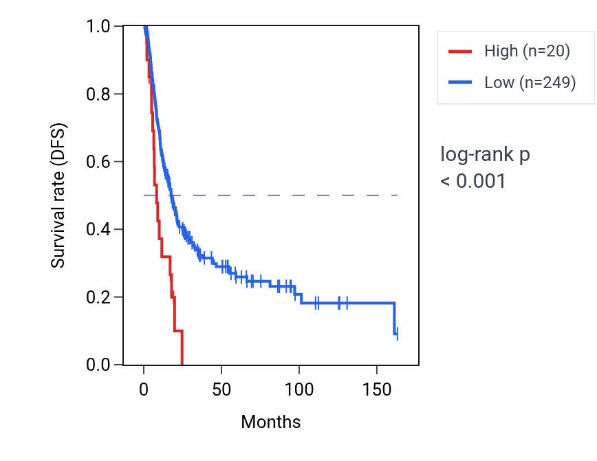Kaplan&ndash;Meier survival curve for LINC02567 RNA expression in BLCA: high vs low expression groups.