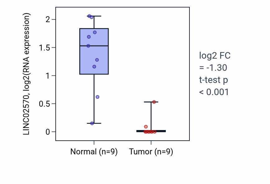 Tumor-vs-normal expression box plot for LINC02570 in LUAD.