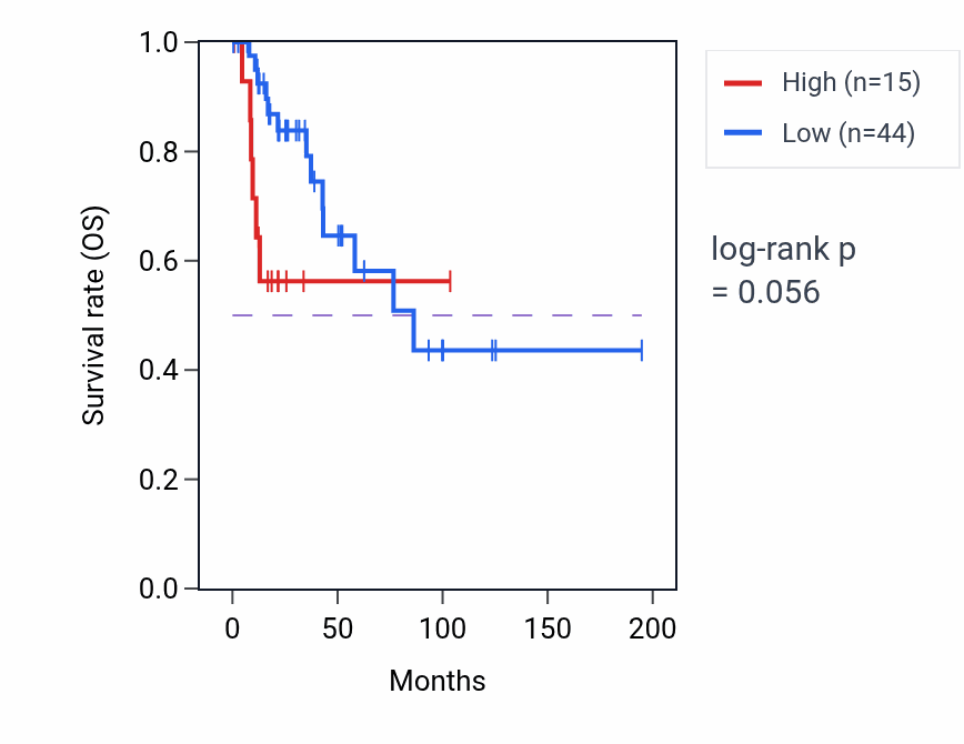 Kaplan&ndash;Meier survival curve for LINC02571 RNA expression in KIRP: high vs low expression groups.