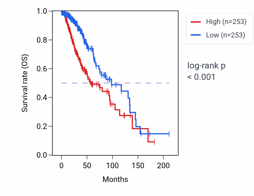 Kaplan&ndash;Meier survival curve for LINC02587 RNA expression in LGG: high vs low expression groups.