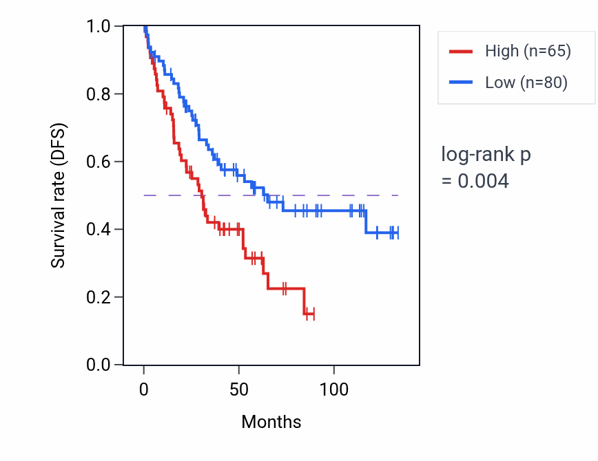 Kaplan&ndash;Meier survival curve for LINC02588 RNA expression in KIRC: high vs low expression groups.