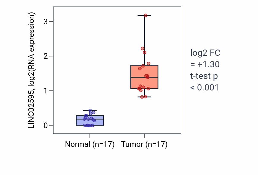 Tumor-vs-normal expression box plot for LINC02595 RNA in COAD.