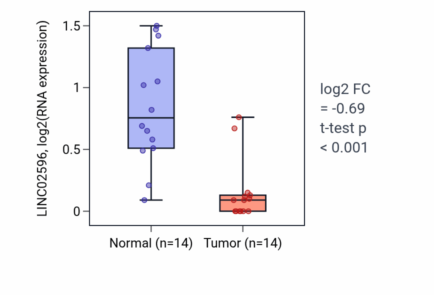 Tumor-vs-normal expression box plot for LINC02596 in THCA.