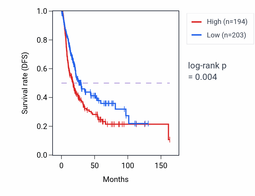 Kaplan&ndash;Meier survival curve for LINC02599 RNA expression in BLCA: high vs low expression groups.