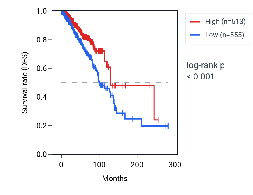 Kaplan&ndash;Meier survival curve for LINC02605 RNA expression in BRCA: high vs low expression groups.