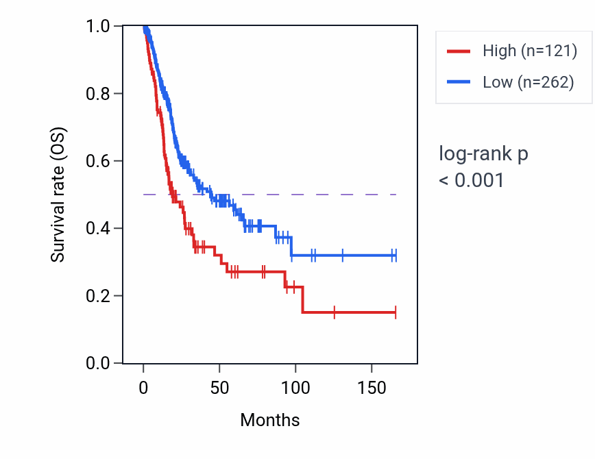 Kaplan&ndash;Meier survival curve for LINC02607 RNA expression in BLCA: high vs low expression groups.