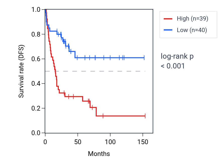 Kaplan&ndash;Meier survival curve for LINC02613 RNA expression in ACC: high vs low expression groups.