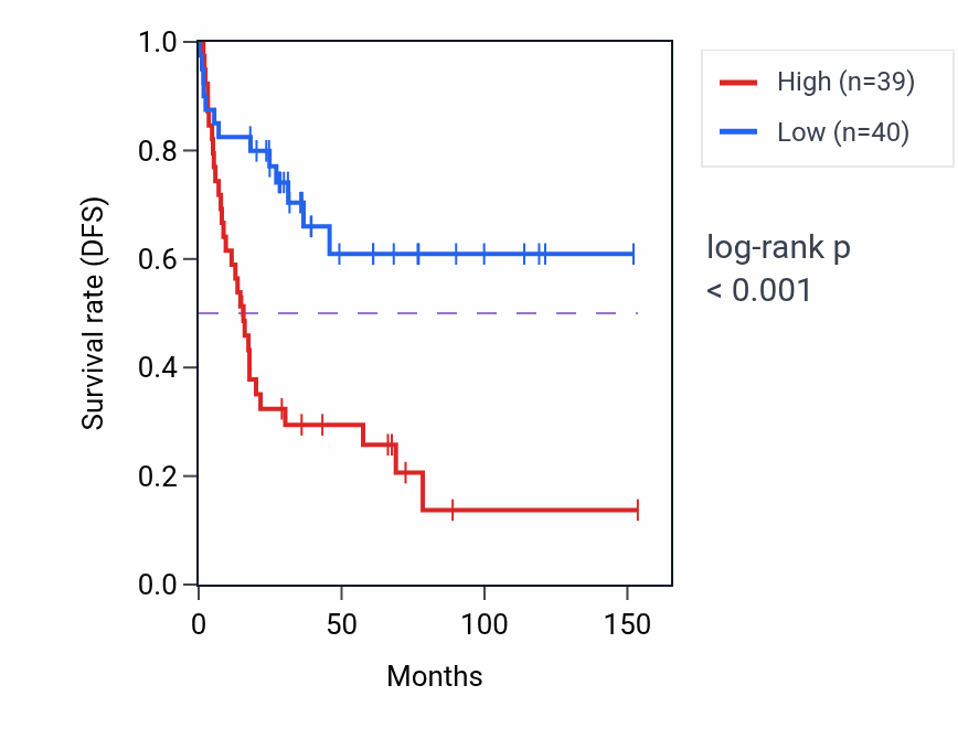 Kaplan&ndash;Meier survival curve for LINC02613 RNA-high vs -low samples in ACC.