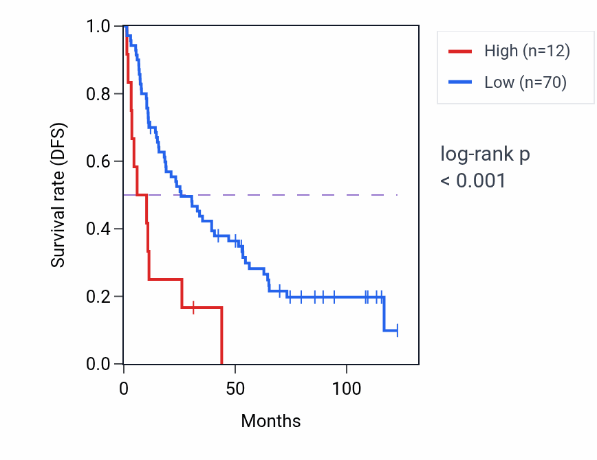 Kaplan&ndash;Meier survival curve for LINC02616 RNA expression in KIRC: high vs low expression groups.