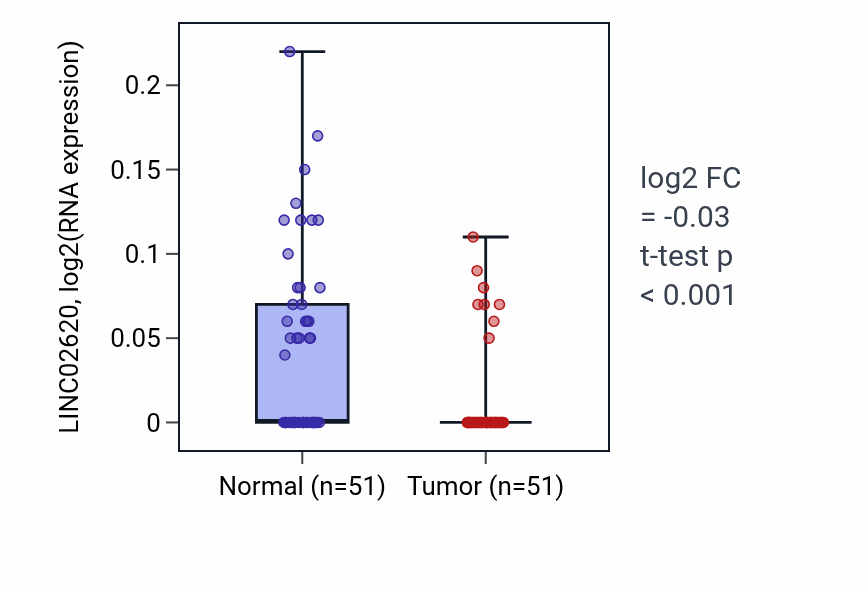 Tumor-vs-normal expression box plot for LINC02620 in KIRC.