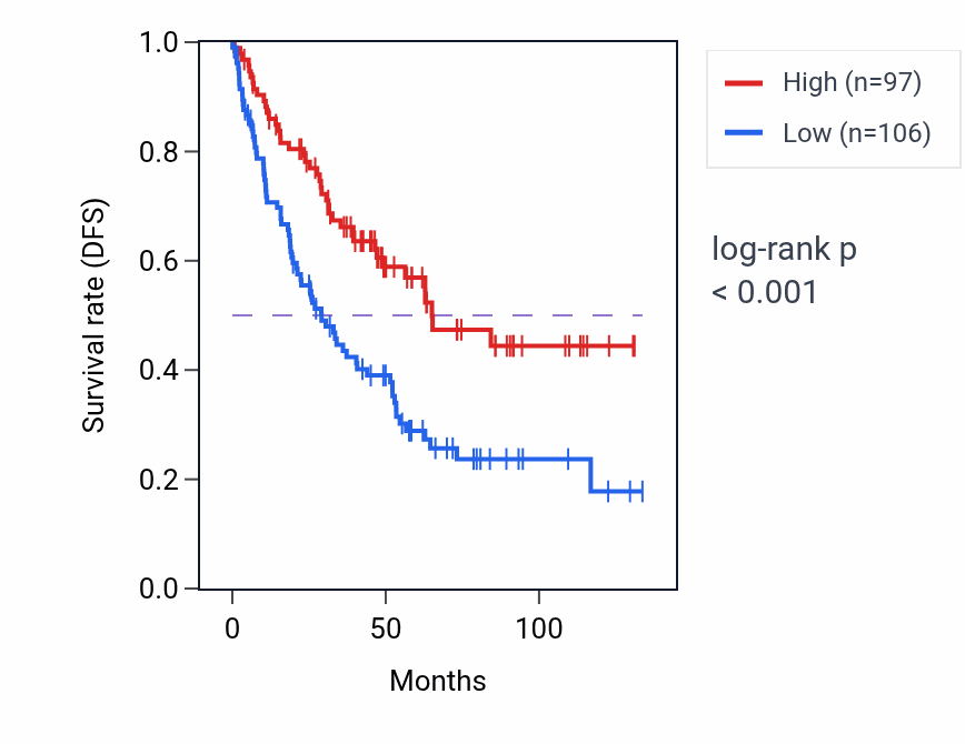 Kaplan&ndash;Meier survival curve for LINC02623 RNA expression in KIRC: high vs low expression groups.