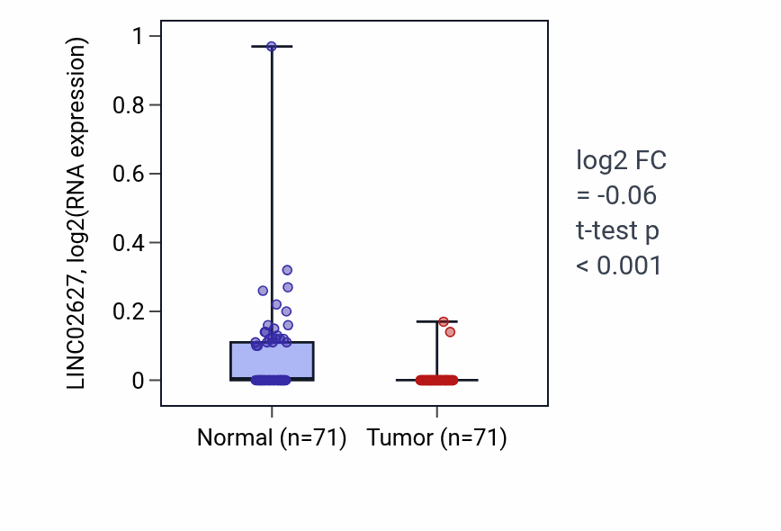 Tumor-vs-normal expression box plot for LINC02627 RNA in KIRC.