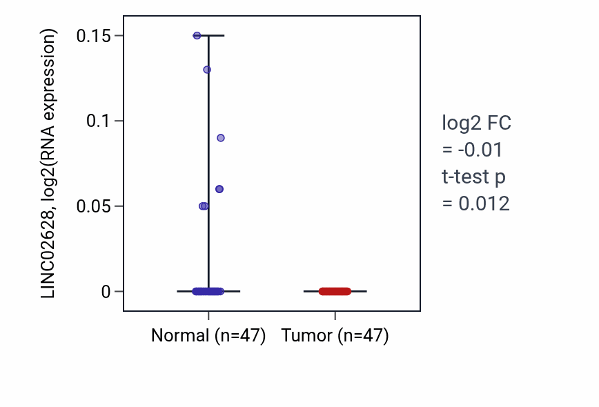 Tumor-vs-normal expression box plot for LINC02628 in KIRC.