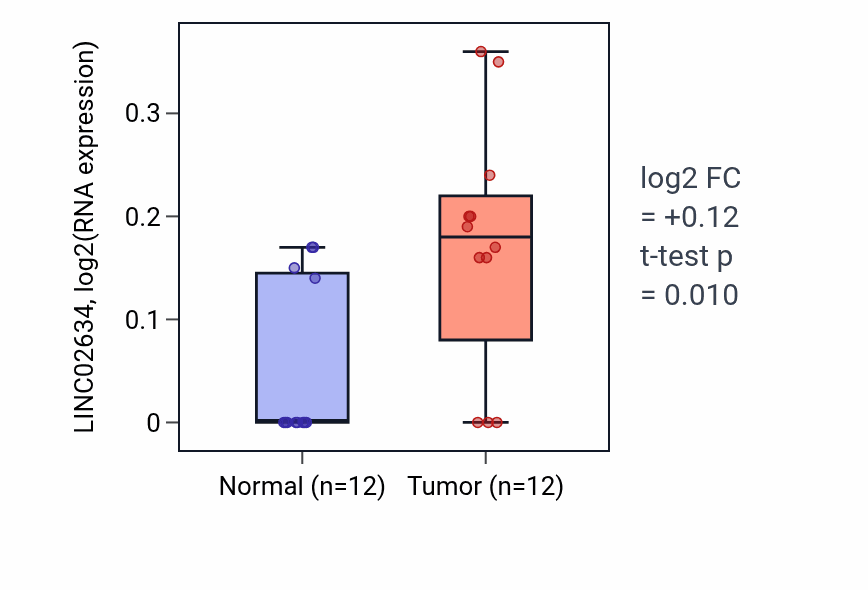 Tumor-vs-normal expression box plot for LINC02634 in KIRC.